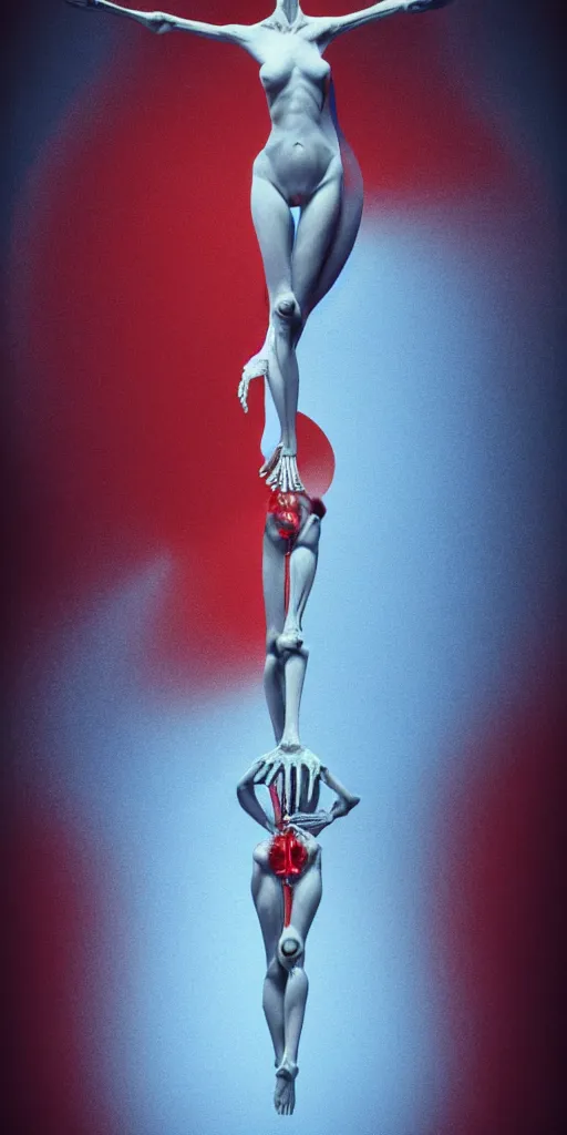 Image similar to poster design, full body anatomical model, 3 d photographic render of a deconstructed asymmetric human anatomical correct human body, in hoc signo vinces, waterfall, in the style of leonora carrington, gottfried helnwein, intricate composition, blue light by caravaggio, insanely quality, highly detailed, masterpiece, red light, artstation