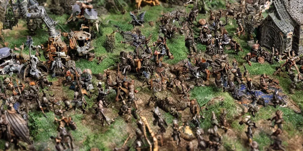 Image similar to zoomed in photo taken of an epic intricate extremely detailed battlefield diorama, with highly detailed, exquisitely weathered 3 d printed characters. an army of high elves battling a horde of orcs, dragon fly overhead, macro shot, photorealistic, sharp focus, f 0. 4, golden ratio, soft light, wide angle lens, 3 9 0 0 k