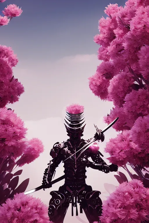 Image similar to illustration cinematic cyborg dragon holding katana in a field of pale pink flowers, highly detailed smooth digital art masterpiece, vitaly bulgarov dramatic light, ground angle uhd 8 k, sharp focus