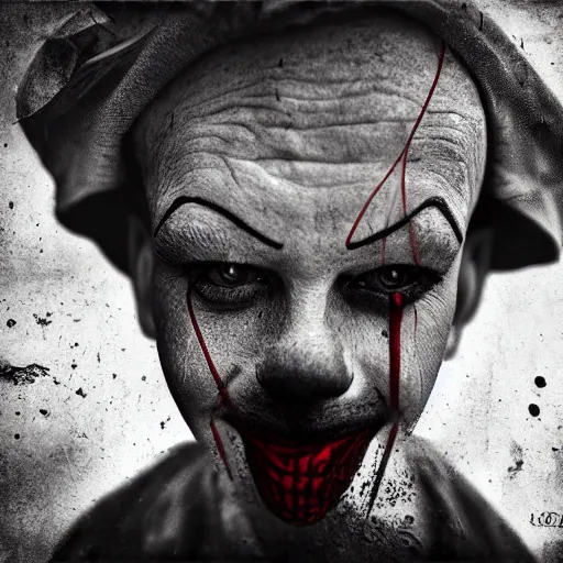 Prompt: Homeless portrait of dirty Pennywise in scrappy clothing, HD, award winning photograph by Lee Jeffries