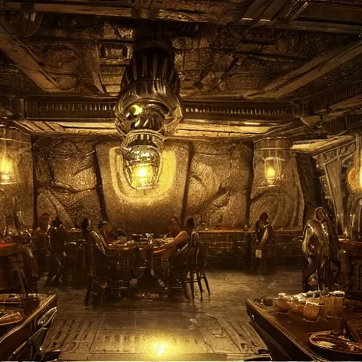 Prompt: scene from prometheus movie, hr giger artlilery spaceship lands in country tavern, filigree ornaments, volumetric lights, bougeureau