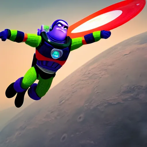 Prompt: a photorealistic photograph of a knitted Buzz Lightyear themed Captain America flying through outer space, Mars in distance, featuring the shield - Trending on Artstation, featured on Behance, well-rendered, Unreal Engine, 4K HD