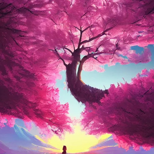 Image similar to giant cherry blossom as a head, girl hiking in a canyon, surreal photography, sunrise, dramatic light, impressionist painting, colorful clouds, digital painting, artstation, simon stalenhag