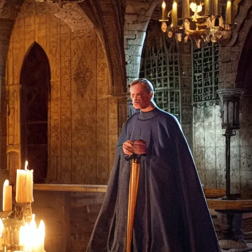 Image similar to donald tusk in medieval times look like merlin high details cinematic mood shooting lighting from wand