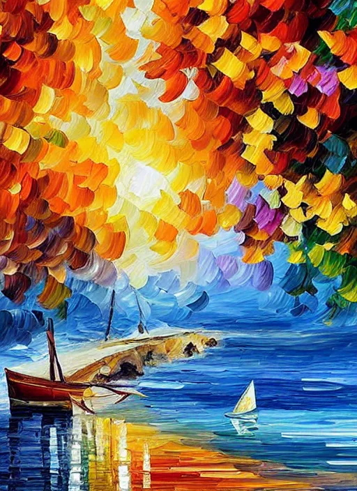 Image similar to beautiful seaside greek village in the style of leonid afremov