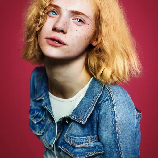 Prompt: Portrait of a Strawberry-Blonde Girl, Young Beautiful Face, Green Eyes, Freckles, Wearing a white crop-top and jeans, with a subtle smile, Detailed, 8K, Epic, Charming, Character, Octane Rendering, Hyper Realistic