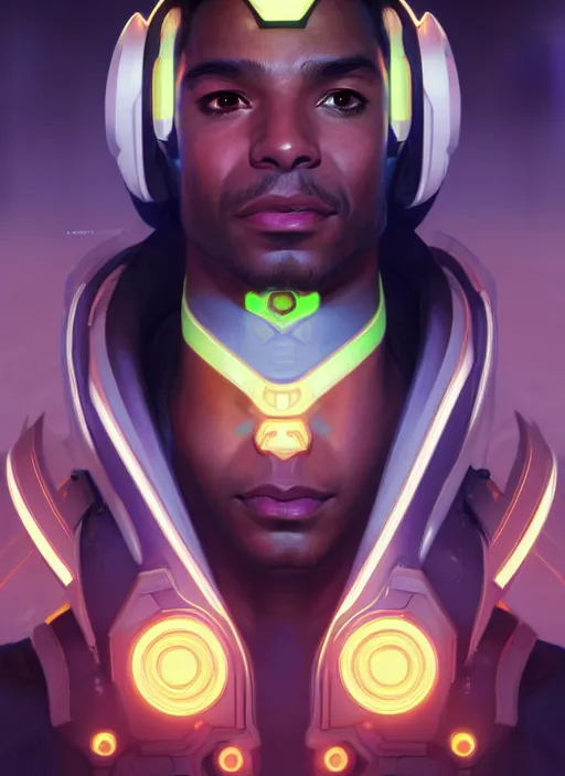 Prompt: symmetry portrait of lucio from overwatch, sci - fi, tech wear, glowing lights intricate, elegant, highly detailed, digital painting, artstation, concept art, smooth, sharp focus, illustration, art by artgerm and greg rutkowski and alphonse mucha