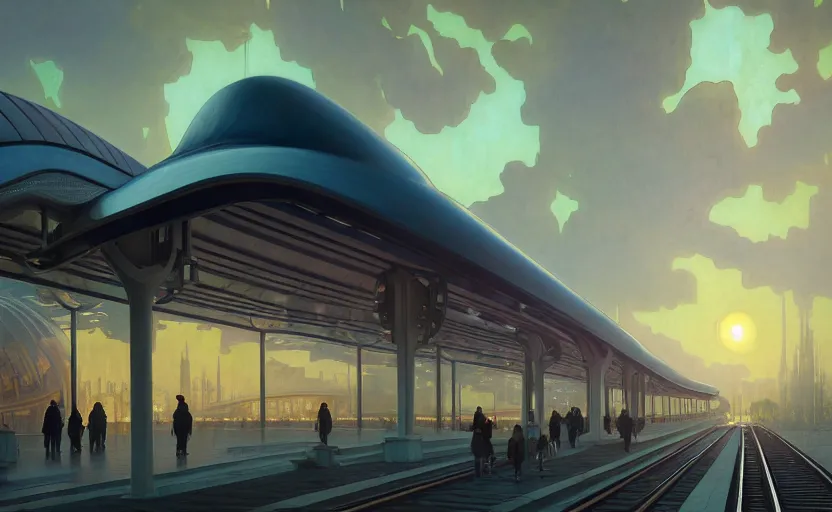 Image similar to exterior shot of utopian train station with cinematic lighting by zaha hadid and renzo piano, darek zabrocki and greg ruthkowski, alphonse mucha, simon stalenhag, cinematic, holy place, paradise, scifi, futurism, atmospheric, sunset, concept art, artstation, trending on artstation