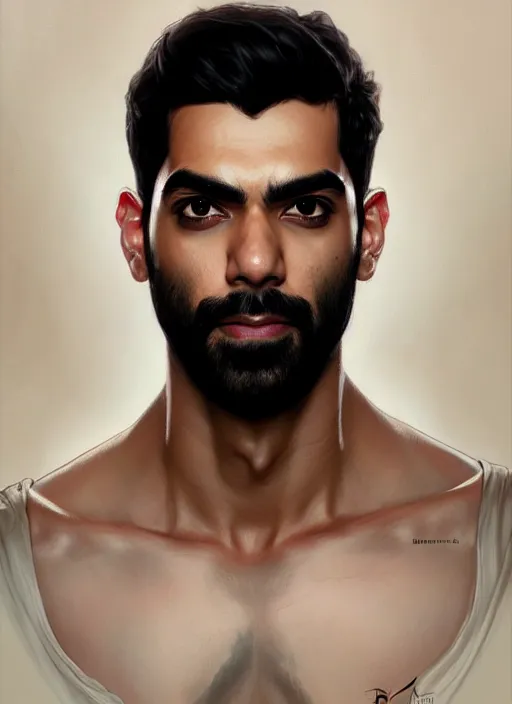 Image similar to Portrait of Rahul Kohli, D&D, muscular, robes, intricate, elegant, highly detailed, digital painting, artstation, concept art, smooth, sharp focus, illustration, art by artgerm and greg rutkowski and alphonse mucha