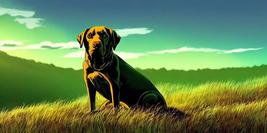 Prompt: hyperrealist, graphic novel illustration of a bulky green labrador retriever with shaggy green fur with green dye sitting on a grassy hill, dramatic red sky, pulp 7 0's sci - fi vibes, 9 0's hannah barbara fantasy animation, cinematic, movie still, studio ghibli masterpiece