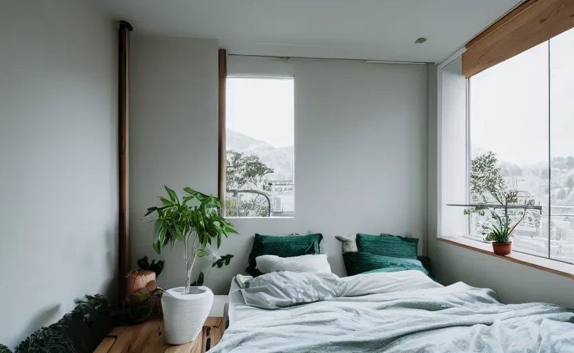 Image similar to a bright and cozy minimalist bedroom, white and pine wood, bed, cupboards, green potted plants, large window with a view of large concrete Japanese apartment blocks