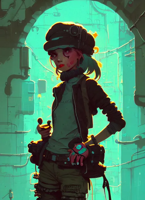 Image similar to highly detailed portrait of a sewer punk young lady by atey ghailan, james gilleard, by joe fenton, by greg rutkowski, by greg tocchini, by kaethe butcher, 4 k resolution, gradient yellow, black, brown and cyan color scheme, grunge aesthetic!!! ( ( dystopian graffiti tag wall in background ) )