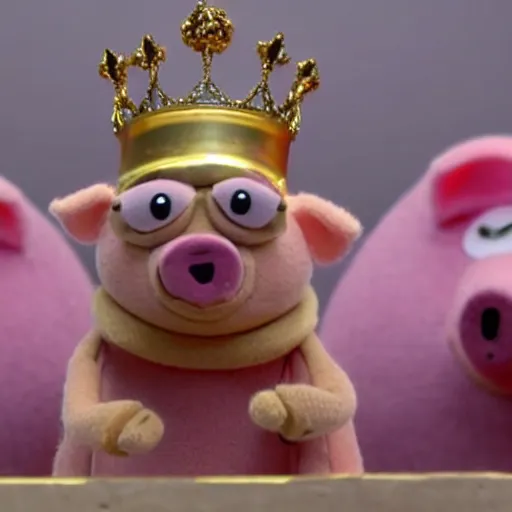 Image similar to pig wearing a gold crown depicted as a muppet holding box 8k