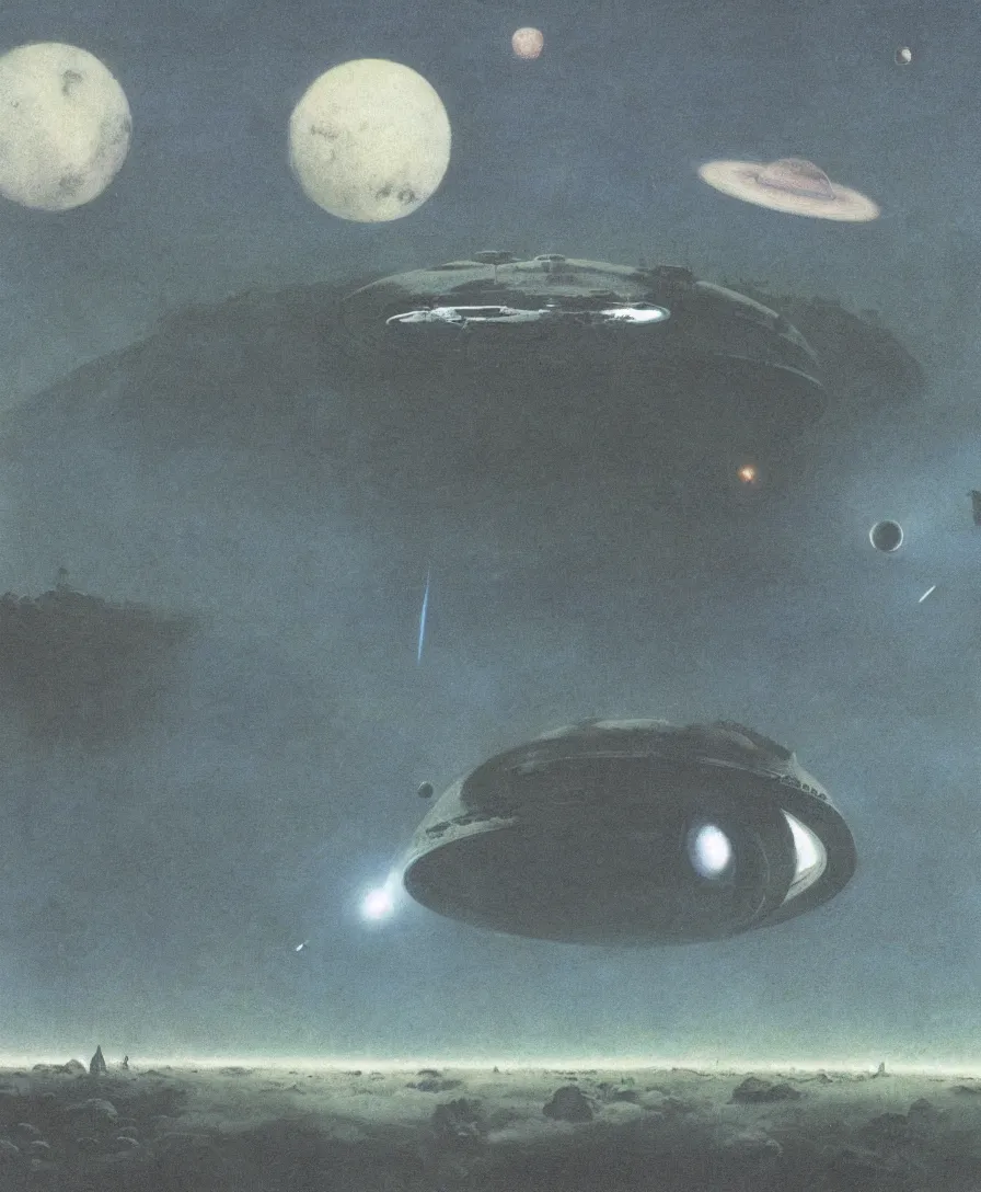 Image similar to A giant starship hovering over a lifeless dark planet surface surrounded by dust clouds. Troops on the surface are watching the spectacle. Detailed matte painting by Michael Whelan, Bruce Pennington, Karel Thole, David Schleinkofer and Vincent di Fate using subdued blue and green color tones.