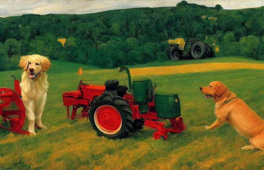 Prompt: a golden retriever driving a tractor, american realism style, edward hopper, george bellows, bo bartlett, jamie wyeth