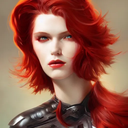 Prompt: head and shoulders, red hair, red eyes, woman, dark leather armor by june jenssen, anna podedworna, and leyendecker, artstation