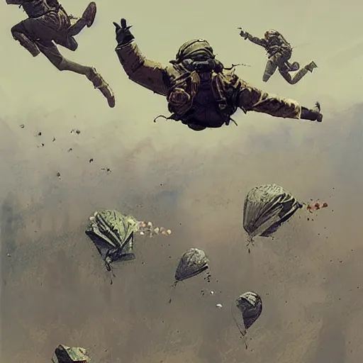 Image similar to airborne paratroopers jumping from parachutes, style of greg rutkowski