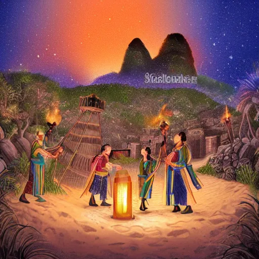 Image similar to A group of Spanish conquistadors holding lanterns on a sandy beach Cove in middle of a magical forest in night. Inca ruins in the background. detailed digital art