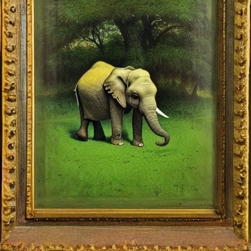 Image similar to Portrait of an elephant on a green meadow, style Franklin Booth