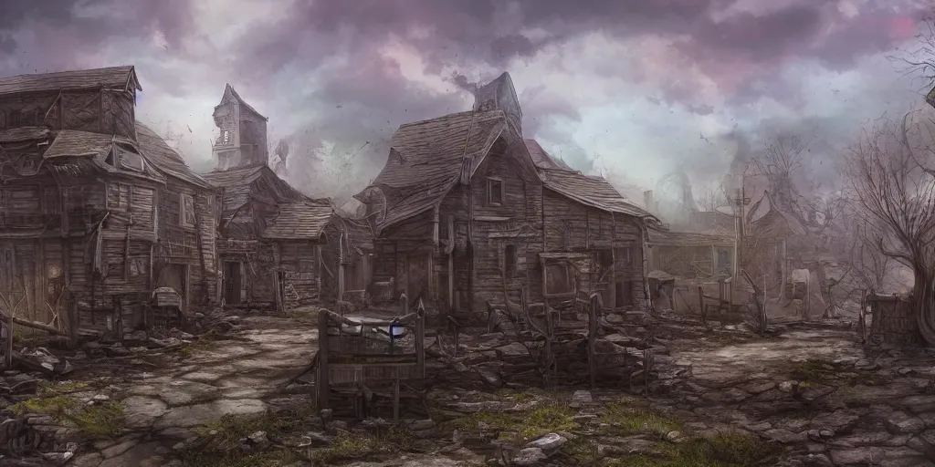 Prompt: old farmers town, apocalyptic fantasy, mmo, digital art, 4 k