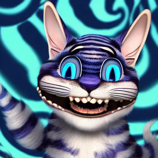 Image similar to cute blue striped cheshire cat. an adorable cat with light blue stripes, blue eyes and a big mischievous smile. stunning digital art by tom cross. fluffy, soft