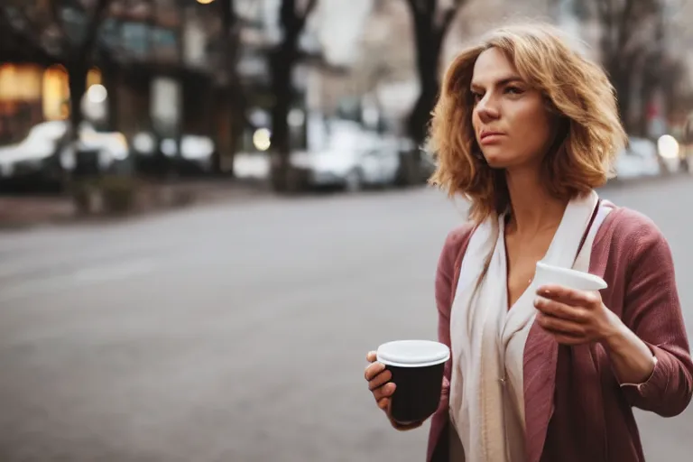 Image similar to Flim still of a woman drinking coffee, walking to work, long shot, wide shot, full shot