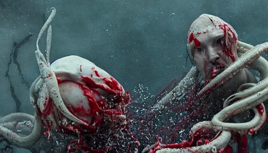 Image similar to Big budget horror movie, an android fights a giant squid, blood is splattering everywhere