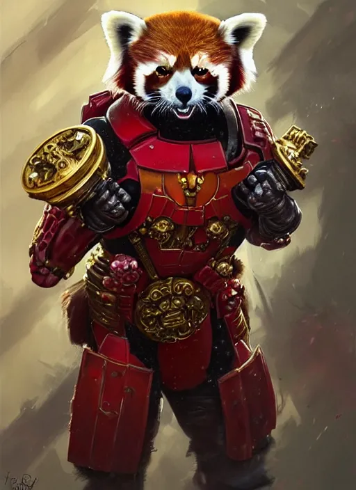 Prompt: red panda as warhammer 4 0 k!! emperor, gold, ruby gems, portrait, intricate, elegant, highly detailed, digital painting, artstation, concept art, wallpaper, smooth, sharp focus, illustration, art by h. r. giger and artgerm and greg rutkowski and alphonse mucha