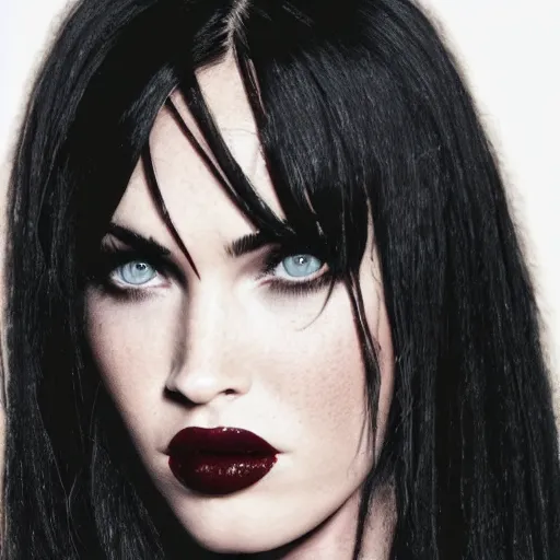 Prompt: studio portrait headshot of megan fox as a vampire with emo clothing