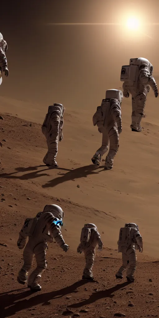 Image similar to concept art, american astronauts in the distance + new lightweight spacesuit landing on mars, musk's mars migration program, cyberpunk, backlight, epic, high detail, 8 k, octane rendering, unreal engine.