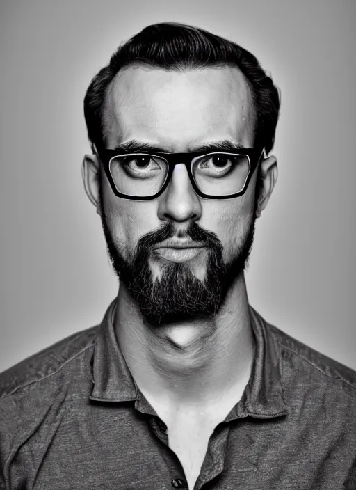 Prompt: black and white head shot, studio photograph of a male symmetrical handsome andrea belluci wearing glasses the painter artist, casual clothes, anxiety and depression, intricate, elegant, highly detailed, hyper realistic, dark background, flickr, smooth, 4 k, 3 0 0 dpi, sharp focus, shot by canon