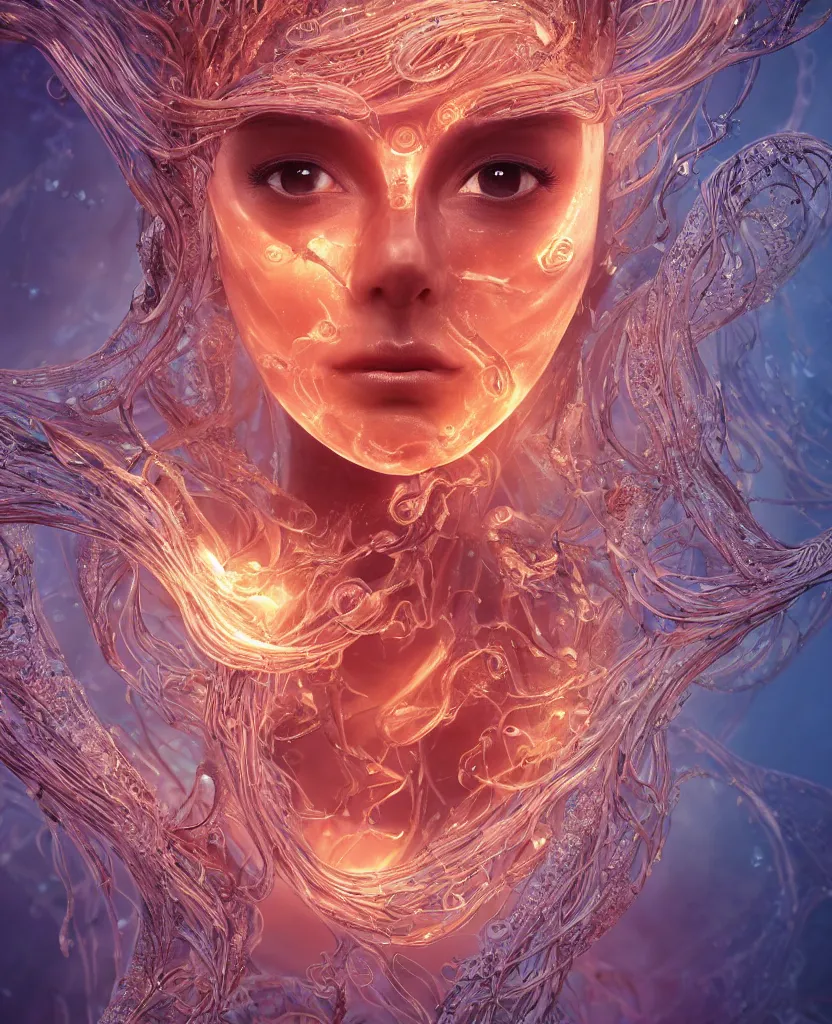 Image similar to close-up macro portrait of the face of a beautiful princess, epic angle and pose, symmetrical artwork, 3d with depth of field, blurred background, cybernetic jellyfish female face skull phoenix bird, translucent, nautilus, energy flows of water and fire. a highly detailed epic cinematic concept art CG render. made in Maya, Blender and Photoshop, octane render, excellent composition, cinematic dystopian brutalist atmosphere, dynamic dramatic cinematic lighting, aesthetic, very inspirational, arthouse. y Greg Rutkowski, Ilya Kuvshinov, WLOP, Stanley Artgerm Lau, Ruan Jia and Fenghua Zhong