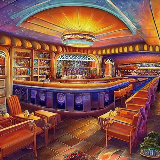 Image similar to beautiful Peter Mohrbach and Mark Keathley highly detailed illustration of an underwater art deco lounge