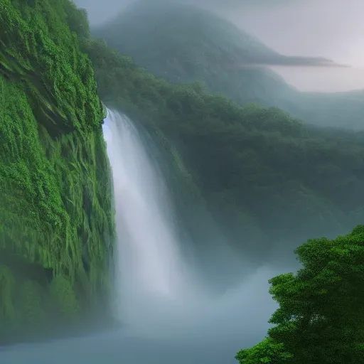 Prompt: Waterfall in a beautiful, green, lush paradise, creating mist in the lake below, trending artstation, cgsociety, 8k, hdr, hyper-detailed, digital painting by Aivazovsky