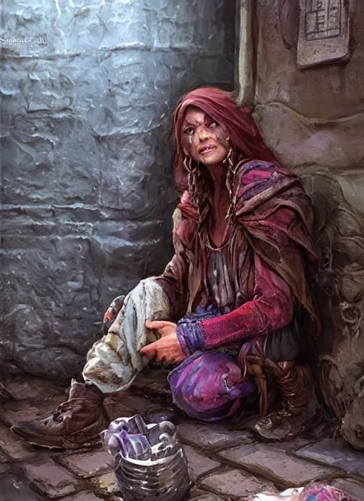 Image similar to female poor beggar on the streets unclean, ultra detailed fantasy, dndbeyond, bright, colourful, realistic, dnd character portrait, full body, pathfinder, pinterest, art by ralph horsley, dnd, rpg, lotr game design fanart by concept art, behance hd, artstation, deviantart, hdr render in unreal engine 5