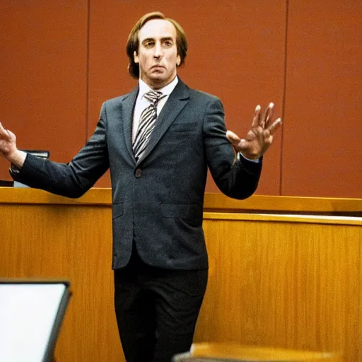 Image similar to saul goodman doing t - pose in courtroom to intimidate prosector