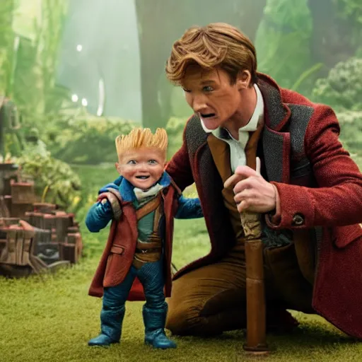 Image similar to newt scamander taking care of baby groot from guardians of the galaxy