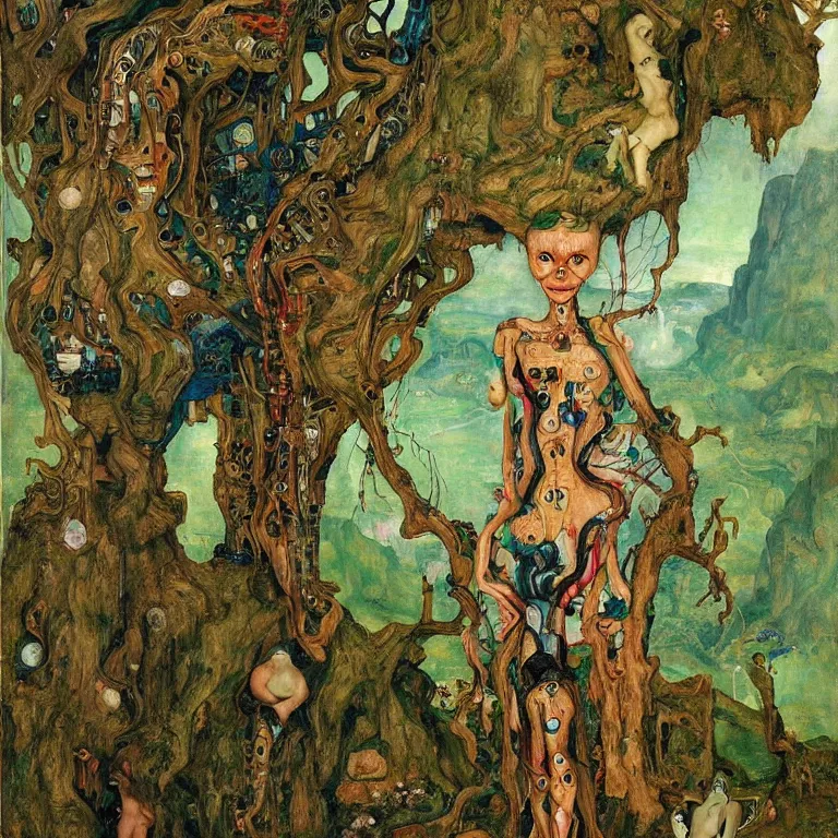 Image similar to a healthy grinning dryad lady, who looks like a cybernetic alien stands pround in the middle of a river valley. around her are tropical birds and orchids. painted by jan van eyck, egon schiele and max ernst, trending on artstation, 8 k, award winning, high octane