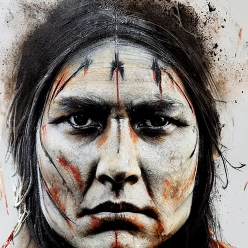 Image similar to A Native American warrior, war paint, realistic, sharp focus, 8k high definition, insanely detailed, intricate, elegant, art by Guy Denning