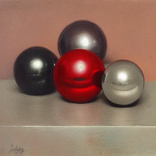 Prompt: chrome spheres on a red cube by willem drost