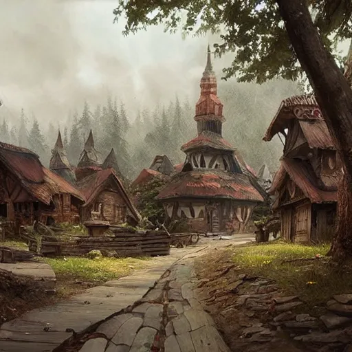 Prompt: wooden village from midsommar, slavic vibes, temples, greg rutkowski