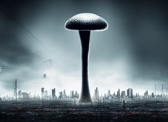 Prompt: nuclear mushroom in the city . Horror dystopia style. Highly detailed 8k. Intricate. Nikon d850 300mm. Award winning photography.