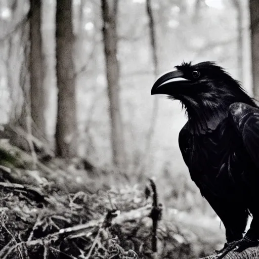 Image similar to !!!!!! werecreature consisting of a crow and a human, photograph captured in a dark forest