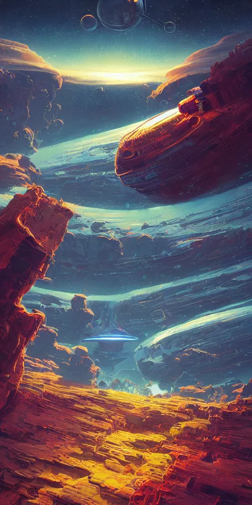 Image similar to terraforming, a highly detailed cinematic oil painting by roger dean and alena aenami, crashed spaceship!!, dynamic lighting