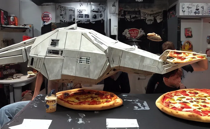 Prompt: a starwars at - at made of pizza
