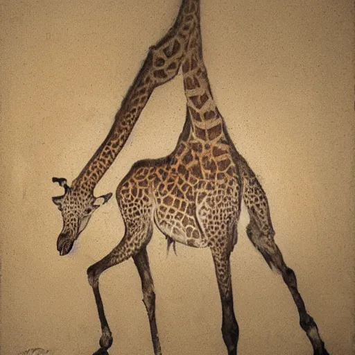 Prompt: cave painting of a whole giraffe, ancient charcoal painting, uncropped