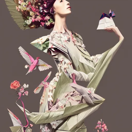 Image similar to 3 / 4 view of a beautiful girl wearing an origami dress, eye - level medium shot, fine floral ornaments in cloth and hair, hummingbirds, elegant, by eiko ishioka, givenchy, by peter mohrbacher, centered, fresh colors, origami, fashion, detailed illustration, vogue, japanese, reallusion character creator