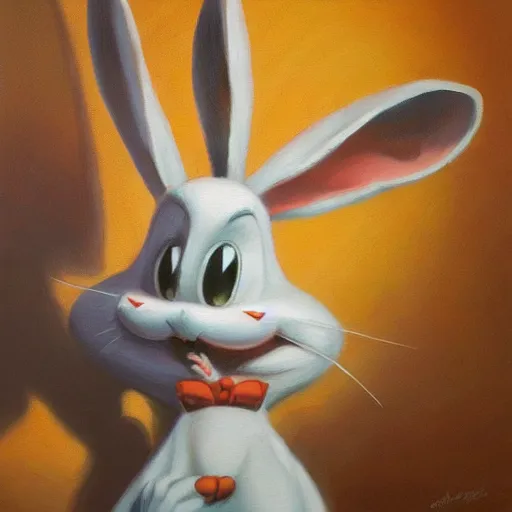 Image similar to a beautiful, soulful oil painting of bugs bunny by craig mullins ; anatomically correct