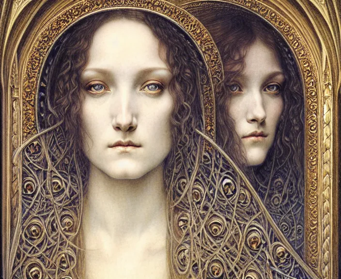 Image similar to detailed realistic beautiful young medieval queen face portrait by jean delville, gustave dore and marco mazzoni, art nouveau, symbolist, visionary, gothic, pre - raphaelite. horizontal symmetry