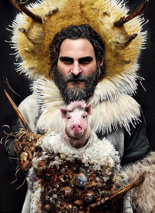 Image similar to a hyper detailed painting of joaquin phoenix with a viking crown, cow horns, pig nose, sheep wool, chicken feather armor, horror, by anna podedworna, by miklos ligeti, by diego maricato, by taran fiddler, by antonino truisi, by chris reddie, by jinsung lim, trending on artstation
